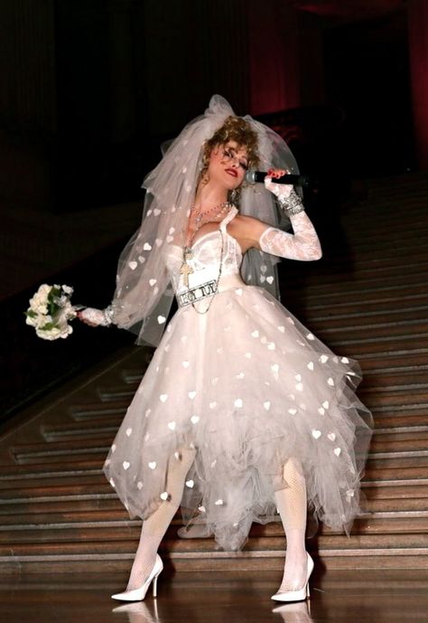 Madonna Like A Virgin Outfit, Madonna Costume Like A Virgin, Madonna Stage Outfits, Maddona 80s Aesthetic, Camp Fashion Wedding, Madona Outfit 80s Costume, Madonna Wedding Dress, Like A Virgin Madonna Costume, The Wedding Singer Costume