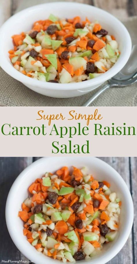 This Carrot Apple Raisin Salad with a citrus dressing is so easy and delicious--it will soon become a family favorite! http://www.mealplanningmagic.com/carrot-apple-raisin-salad/ Carrot Salad With Raisins, Apple Carrot Salad, Salad With Raisins, Raisin Salad, Carrot Raisin Salad, Lunch Salad, Citrus Dressing, Apple Salad, Carrot Salad