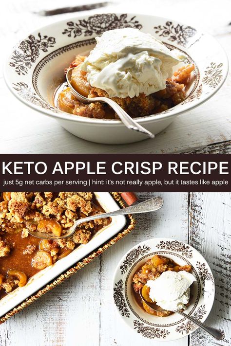 This #Keto Apple Crisp has a sweet, juicy, and aromatic cinnamon-spiced apple filling with a nutty crumble topping, and just 5g net carbs per serving. It’s the stuff your fall dessert dreams are made of! (Spoiler Alert: There are no apples in sight!) #lowcarb Keto Apple Crisp, Apple Crisp Recipe Healthy, Healthy Apple Crisp, Freezing Apples, Apple Crisp Recipe, Low Carb Ice Cream, Apple Crisp Recipes, Apple Filling, Crisp Recipe