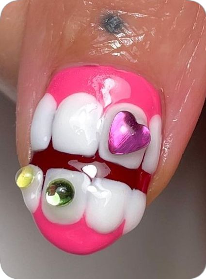 Cutest thumbs in all the land for @kinakayako 💗 teeth recreated from @tengoku_nails & strawberry made using @realhotgurlnails method 🍓🦷… | Instagram Dental Nail Art, Weird Nails Design, Ugly Nails Weird, Tooth Nails, Teeth Nails, Nails Strawberry, Ugly Nails, Strawberry Nails, Berry Nails