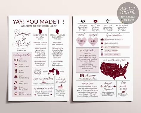 Infographic Wedding Program Template Burgundy Wedding - Etsy Wedding Program Infographic, Wedding Infographic Program, Wedding Programs Ideas, Wedding Documents, Fun Wedding Ideas Unique, Burgundy Wedding Reception, Programs For Wedding, Wedding Program Examples, Reception Program