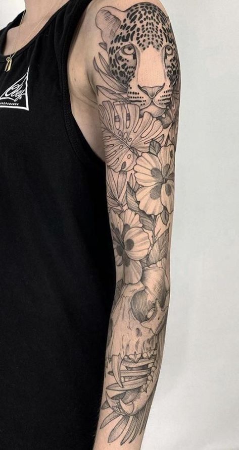 Tattoo Sleeve Tropical, Jungle Tattoo Ideas Sleeve, Iris Tattoo Sleeve, Tropical Sleeve Tattoo Men, Jungle Tattoo Ideas For Women, Black And Grey Plant Tattoo, Tropical Leg Sleeve Tattoo, Jungle Leg Tattoo, Jungle Themed Tattoo