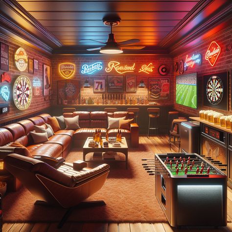 Step into a man cave that breathes leisure. Mahogany tones paired with rustic brick walls set the stage for an inviting retreat. Enjoy games on a large flat-screen TV, challenge friends on the pool or foosball table, or just sit back in the plush recliner. Neon signs, unique memorabilia, a stocked mini-fridge, and a popcorn machine heighten the fun, laid-back vibe. #MancaveDesign #GameRoom #HomeDecor #GadgetsForMen #EntertainmentRoom #InteriorDesign Sports Bar Decor Basement, Wall Of Neon Signs, Man Cave Tv Wall, Tv Challenge, Garage Bars, Honeycomb Wallpaper, Small Man Cave, Man Cave Lighting, Man Cave Design