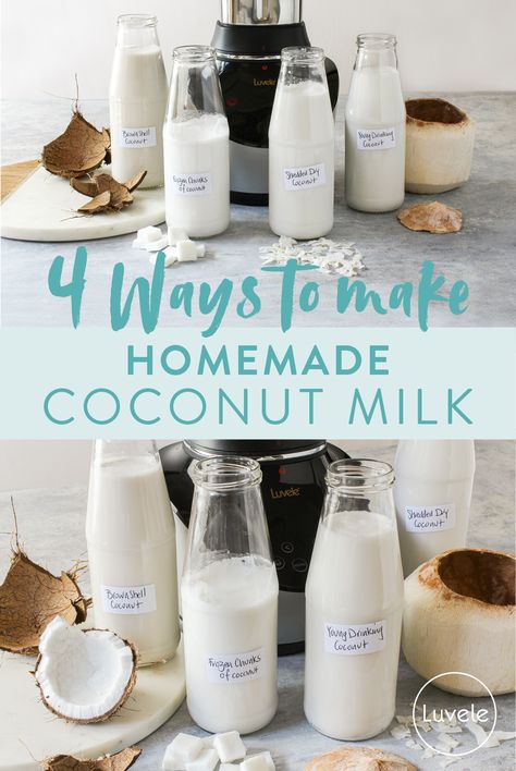 Making Coconut Milk, Homemade Coconut Milk Recipes, How To Make Coconut Milk At Home, How To Make Coconut Milk, Luvele Recipes, Diy Coconut Milk, Homemade Coconut Cream, Homemade Coconut Yogurt, Homemade Coconut Milk