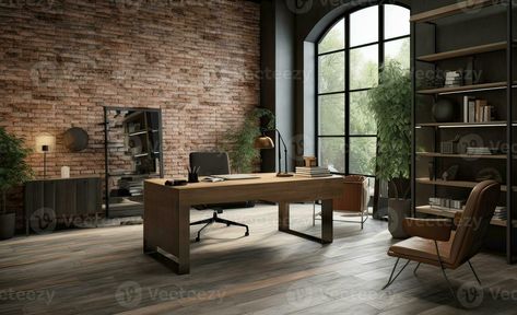 Brick Wall Office Interior, Exposed Brick Office Space, Brick Wall Office Design, Brick Office Interior, Brick Wall In Office, Exposed Brick Office, Brick Office Space, Brick Wallpaper Office, Brick Wall Office