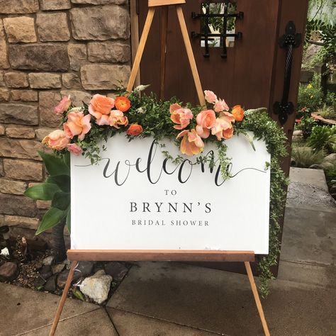 Floral welcome sign, greens and bright flowers, peach orange, green garland, bridal shower sign, floral signage, San Diego florist, bridal shower details, wedding details, wedding welcome sign, Watersigne Floral Bridal Shower Sign With Flowers, Coral Bridal Shower Ideas, Peach Bridal Shower Ideas, Orange Welcome Sign, Welcome Sign With Flowers, Floral Signage, Welcome Bridal Shower Sign, Cutie Theme, Laura Anderson