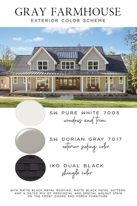 Farmhouse Exterior Paint Colors Grey, Garage Siding Ideas Exterior Colors, Outside Farmhouse Colors, Gray Exterior Farmhouse, House Exterior Colors Schemes With Black Windows, Color Exterior House Ideas, Exterior Farmhouse Color Schemes, Gray House Wood Accents Exterior, Modern Farmhouse Grey Exterior