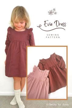 Evie Dress sewing pattern (6/9mths to 8yrs). This easy-fitting dress with a round neck has a lot of excellent features including a gathered skirt at the empire waist, ruffled bodice, and back button closure. You can make this dress with long sleeves with elasticated cuffs or sleeveless. Self-bias binding finishes the armholes and neckline. SewModernKids Baby Dress Sewing Patterns Free, Childrens Clothes Sewing Patterns Free, Little Baby Girl Dress Pattern, Easy Girls Dress Pattern Free, Sewing Patterns For Kids Clothes, Easy Baby Dress Pattern Free, Baby Girl Dress Patterns Free, Baby Girl Dress Sewing Pattern, Baby Dress Sewing Pattern Free