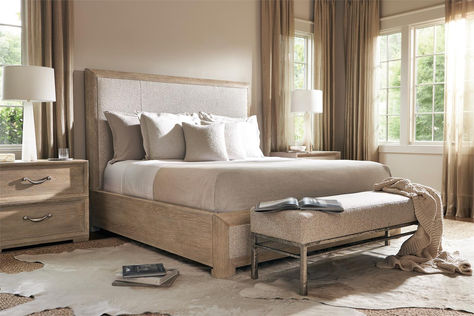 The Aventura panel bed builds on familiar forms with a fresh, modern update for a look with bright, casual sophistication. Inset upholstered panels highlight the headboard and the low footboard. The Marcona finished wood frame adds dimension and a rustic style. Bernhardt Furniture Bedroom, Bed King, Upholstered Panel Bed, Bernhardt Furniture, King Bed Frame, Bedroom Panel, Upholstered Panels, Upholstered Bench, California Style