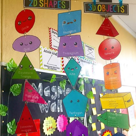 Miss T on Instagram: “2D shapes and 3D objects display with kawaii faces of course 😋....note to self- do not get students to help cut out displays....aaargh the…” Math Day Decoration Ideas, 2d Shapes Project For Kids, 2d And 3d Shapes Project, 3d Shapes Project Ideas, Mathematical Shapes, Healthy Food Art, 2023 Board, Math Wall, 2d And 3d Shapes