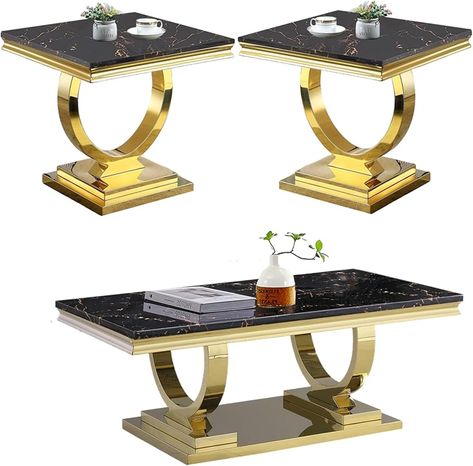 Amazon.com: 3 Pieces Living Room Table Set, Faux Marble Coffee Table with 2 End Side Tables, Coffee Table Set with Stainless Steel Base Mirrored Finish for Home Office (Black, Set of 3 Coffee Table Set-U Shape) : Home & Kitchen Marble Kitchen Table, Living Room Table Set, 3 Coffee Tables, Faux Marble Coffee Table, Home Office Black, Marble End Tables, Living Room Table Sets, Marble Console Table, 3 Coffee