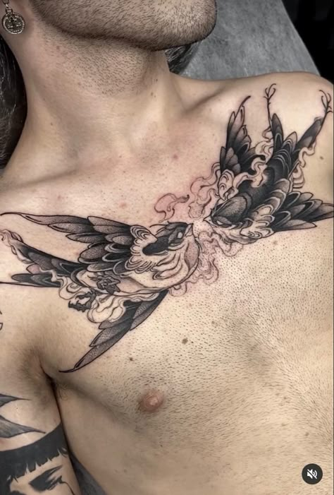 Animal Chest Tattoo, Bird Tattoo Chest, Bird Chest Tattoo, Chest Tattoo Birds, Tattoo Peito, Man Tattoos, Bird Tattoo Sleeves, Black Bird Tattoo, Torso Tattoos