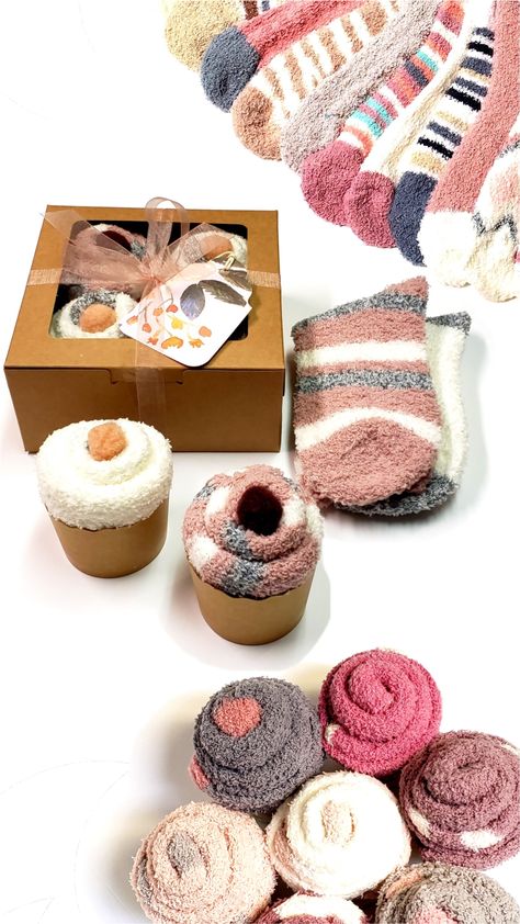 Neutral colors comfy fuzzy socks gift box, Earth tones warm cozy cupcake socks in box ready to gift.  This warm and cozy gift box comes with two pairs of fluffy socks. A great gift for family members, friends and coworkers Fuzzy Socks Christmas Gift Ideas, Cozy Socks Gift Ideas, Socks Christmas Gift Ideas, Sock Gift Ideas, Fuzzy Socks Gift, Small Gifts For Coworkers, Cupcake Socks, Coworkers Valentines, Sock Cupcakes