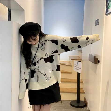 ae5e3ce40e0404a45ecacaaf05e5f735desc54101375ri Patterns Aesthetic, Cow Sweater, Indie Patterns, Soft Sweaters, Aesthetic Clothes, Cow, Skirt, Hair, Animals