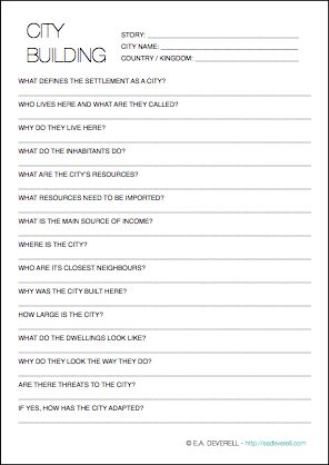 Creative Writing Worksheet Novel Setting Worksheet, Novel World Building Worksheet, Novel Writing Worksheets, World Building Worksheet, Novel Worksheets, World Building Questions, Worldbuilding Questions, Fictional City, Writing Fantasy