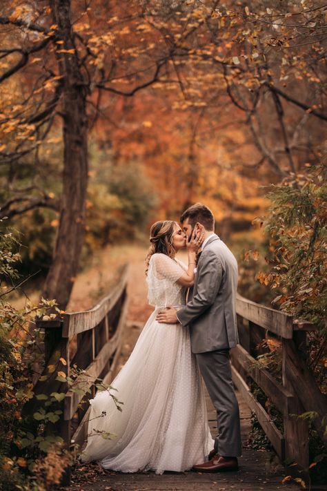 Waterloo Viillage Wedding, Waterloo Village Wedding Photographer, NJ Weddings, New Jersey Wedding Photographer, Rustic Fall New Jersey Wedding, NJ Wedding Photographer, Sussex County NJ  Photographer, New Jersey Wedding Venues, Sussex County Wedding Photography, Wedding Inspiration, Wedding Planning, Wedding Ideas, Unique Wedding Photos, Wedding Photo Ideas, Wedding Couple kissing on a bridge surrounded by fall foliage at historic Waterloo Village Rustic Wedding Poses, Fall Wedding Pictures October, Gazebo Wedding Photos, Fall Wedding Pics, Lighthouse Elopement, Warm Wedding Photography, Fall Wedding Pictures, Pictures Of Bridges, Waterloo Village