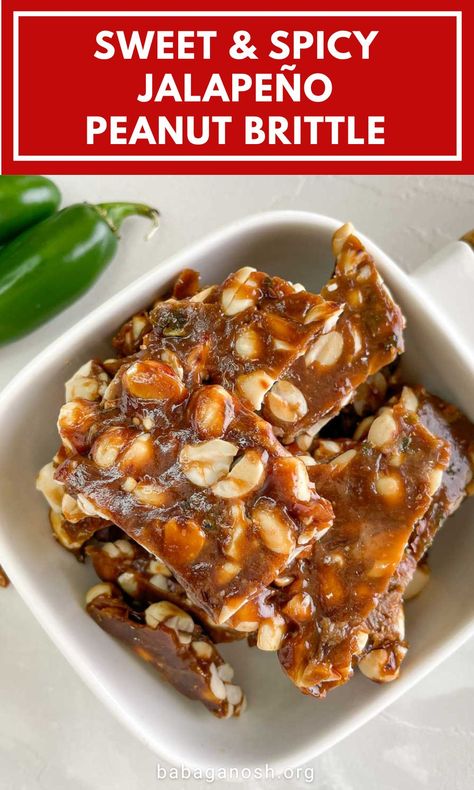 Spicy, sweet, crispy, crunchy, nutty, and so delicious! This Jalapeño Peanut Brittle is easy to make and has just 6 simple ingredients! Make this spicy homemade brittle, this recipe has just 15 minutes of prep and cook time. This is a great candy treat for the holidays or anytime of the year. This brittle is gluten-free and vegetarian. Jalapeño Peanut Brittle, Jalapeno Peanut Brittle Recipe, Jalapeno Peanut Brittle, Walnut Brittle, Nougat Recipe, Peanut Brittle Recipe, Brittle Recipes, Jalapeno Recipes, Christmas Foods