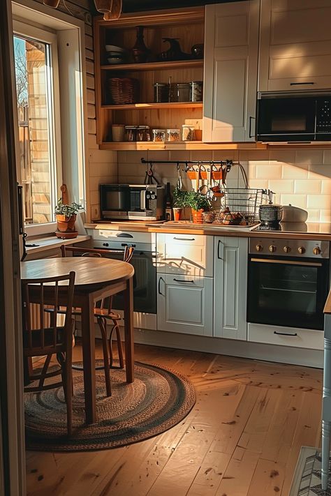 Make your kitchen stand out with eye-catching tiny cottage kitchen designs that balance charm and modern aesthetics. 🌿✨ Cozy Kitchen With Island, Tiny Home Kitchen Design, Modern Cottagecore Kitchen, Woodsy Cottage Interior, Tiny Kitchens Apartment, Small Kitchen With Living Room, Simple Cozy Kitchen, Small Cottage Living Room Ideas, Modern Tiny House Interior