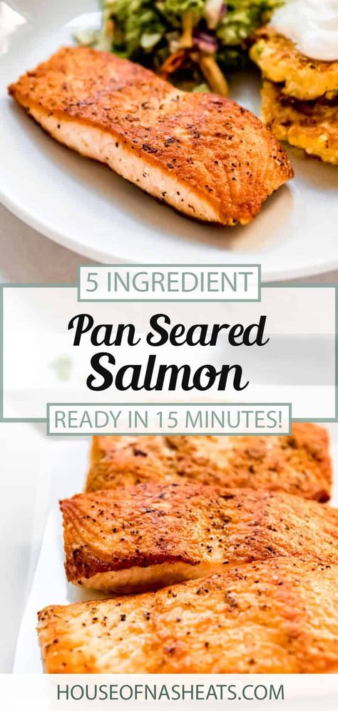 Simple 15 minute Pan Seared Salmon is flakey, juicy, and absolutely delicious! It is extremely easy to make. Just lightly dust each fillet in seasoned flour, and then pan-fry it to crispy perfection. With only 5 ingredients, this healthy fish recipe is perfect for a no-fuss weeknight meal, or on the weekend when you’re in a hurry but still want to eat well! #salmon #best #easy #restaurant #homemade #dinner #healthy #pan #seared #castiron #crispy Healthy Seafood Dishes, Seared Salmon Recipes, Salmon Recipes Pan Seared, Pan Fried Salmon, Fantastic Recipes, Pan Fry, Salmon Seasoning, Fried Salmon, Healthy Salmon