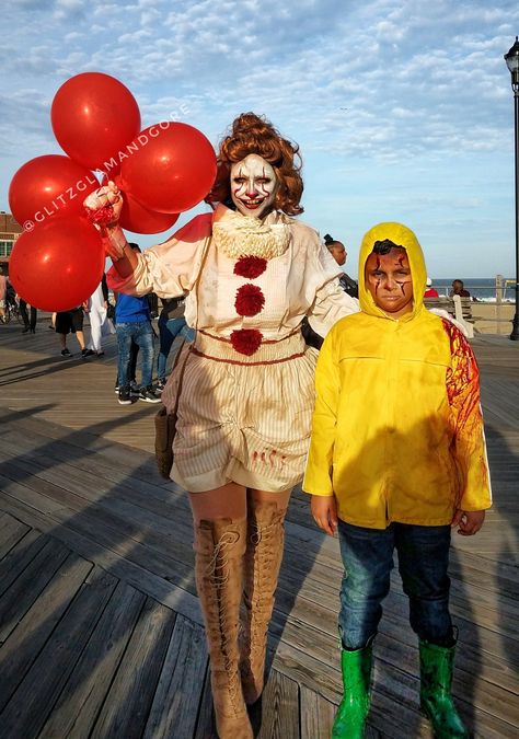 Penny wise and georgie cosplay #pennywise #georgie #cosplay #halloween #ideas #movie #diy #costume Penny Wise Cosplay, Penny Wise Couple Costume, Georgie Costume It Women, Penny Wise And Georgie Costume Couple, Penny Wise And Georgie, Penny Wise And Georgie Costume, It And Georgie Costume Couple, Georgie It Costume, Georgie Halloween Costume