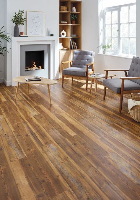 Vintage Pine rigid core flooring shown in a transitional living area adorned with midcentury modern furniture and modern fireplace; followed by a close-up angled image of the flooring. Vinyl Plank Flooring Colors, Pine Wood Flooring, Rustic Wood Floors, Lvp Flooring, Oak Wood Floors, Flooring Trends, Hardwood Tile, Luxury Vinyl Plank Flooring, Floor Colors