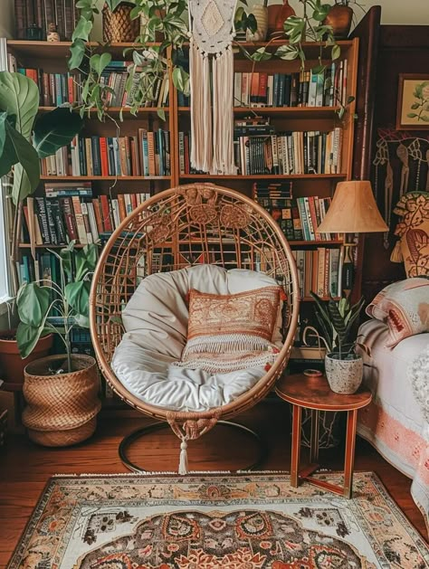 25 Stunning Boho Reading Nook Ideas for Book Lovers - Home Made Graceful Reading Nook With Hammock, Cozy Library Room Ideas Reading Areas, Reading Nook Boho, Sun Reading Room, Boho Book Nook, Cozy Book Nook Aesthetic, Boho Reading Nook, Boho Bookshelf, Boho Library Room