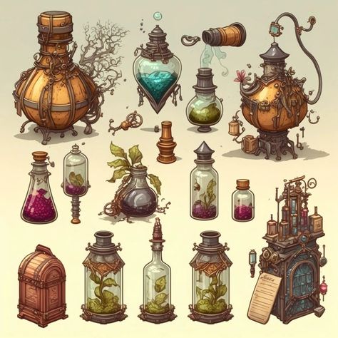 Witch Props Art, Steampunk Props Concept Art, Witch Props Concept Art, Fantasy Concept Art House, Potion Maker Outfit, Magical Objects Ideas, Fantasy Props Art, Potion Concept Art, Steampunk Potion