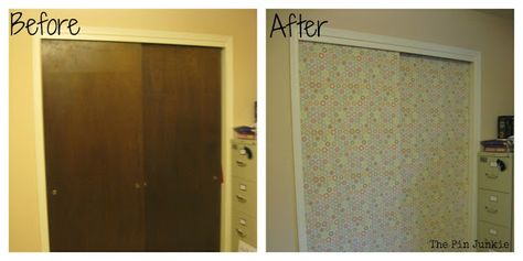 Easy way to update ugly closet doors - cover them with fabric. Closet Door Ideas, Diy Closet Doors, Ideas Closet, Closet Door Makeover, Bathroom Decor Themes, Sliding Closet, Sliding Closet Doors, Closet Door, Diy Closet