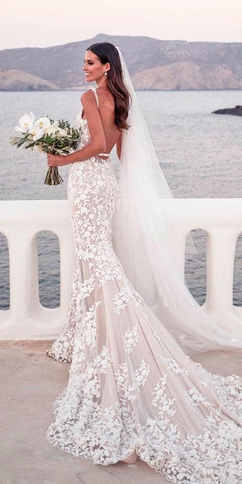 beach wedding dresses mermaid blush low back lace spaghetti straps lostinlove Glitzy Wedding Dress, Western Wedding Dresses, Pnina Tornai, Beach Wedding Dresses, Wedding Dress Guide, Lace Beach Wedding Dress, Bride Accessories, Long Sleeve Wedding, Mermaid Dresses