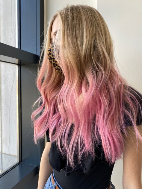 Ombre blonde to pink hair. Blonde to pink balayage hair Pink Ombre Blonde Hair, Pink Hair Ends Blondes, Blonde Hair With Light Pink Tips, Blonde With Pink Balayage, Pink Bottom Hair, Blonde To Pink Ombre Hair, Pink Ends On Blonde Hair, Pink Dipped Hair, Pink Tips On Blonde Hair