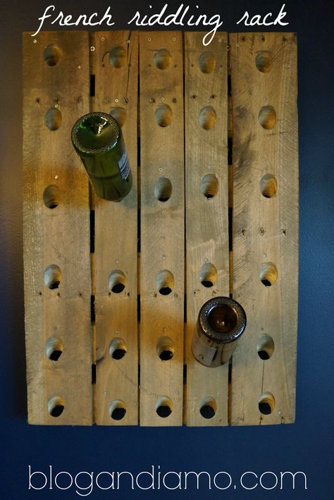 diy riddling rack | you're what the french call... Riddling Rack, Free Pallets, Empty Wine Bottles, French Wine, Easy Projects, Wood Pallets, Wine Rack, Pottery Barn, Wine Bottle