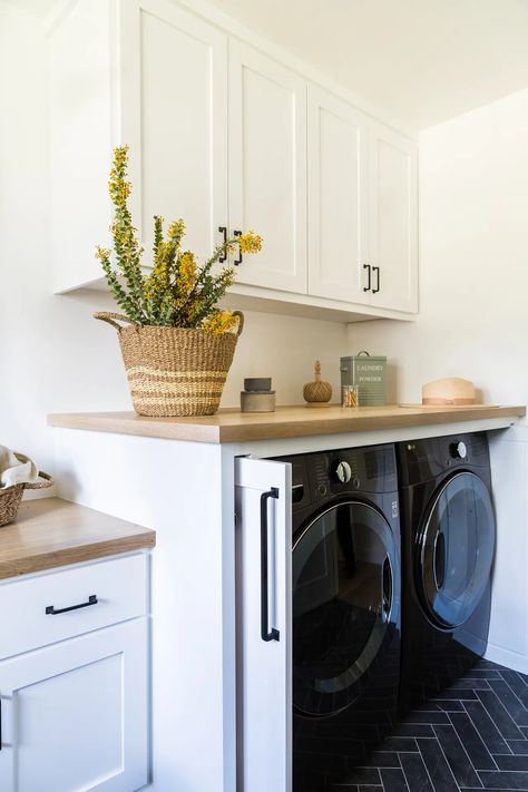 10 hidden laundry cabinet ideas that hide away the clutter | Vertical Space Storage, Laundry Cabinet Ideas, Hidden Laundry Rooms, Storage Solutions For Small Spaces, Pink Halloween Decor, Small Laundry Room Ideas, Laundry Chute, Hidden Laundry, Small Laundry Room Organization