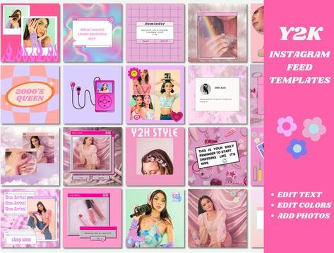 Canva Collage Inspirations Fun Aesthetic Instagram Feed, Barbie Aesthetic Instagram Feed, Y2k Aesthetic Instagram Feed, Y2k Insta Posts, Y2k Ig Post, Barbie Social Media Post, 2000s Instagram Feed, Y2k Canva Templates, Y2k Ig Feed