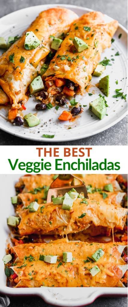 Sweet Potatoes And Black Beans, Vegetarian Enchiladas Recipe, Veggie Enchiladas, Vegetarian Enchiladas, Tasty Vegetarian Recipes, Enchilada Recipes, Vegetarian Dinners, Vegetarian Recipes Dinner, Meatless Meals