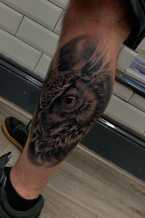 Tattoo uploaded by KING KIMBERLEY • Fully healed owl portrait • 958985 • Tattoodo Owl Tattoo Men, Owl Portrait, Greek Tattoos, Leg Tattoo Men, Book Tattoo, Owl Tattoo, Grey Tattoo, Leg Tattoos, Tattoos For Guys