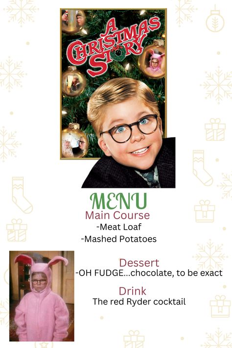 A Christmas Story Dinner And A Movie, Christmas Movies And Dinner, Christmas Story Movie Night, Christmas Movie Recipes, Christmas Movie Dinner Theme, A Christmas Story Party, Christmas Story Party Ideas, Christmas Dinner Themes, Disney Movie Themed Dinner