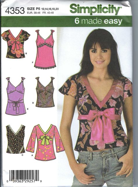 Uncut Simplicity Sewing Pattern 4353 V Neck Top High Shaped Waist, Sleeveless, Flutter/ Elbow Sleeves, Waist  Hip Length size 12-20  FF Uncut and in Factory Folded. Top Pattern Sewing, Women's Sewing Pattern, Top Sewing, Couture Mode, Top Sewing Pattern, Womens Sewing Patterns, Simplicity Sewing, Sewing Design, Easy Sewing Patterns