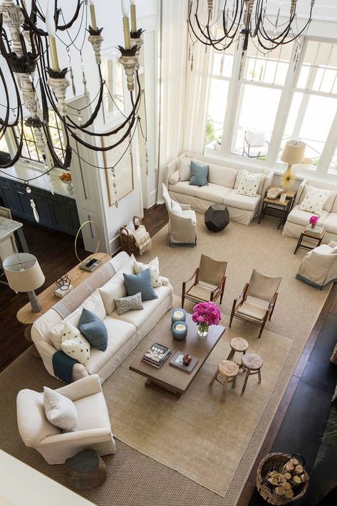 Tour a cozy beach style home with ultra-inspiring details in South Carolina #livingroom Large Living Room Layout, Big Living Room, Living Room Plan, Living Room Furniture Layout, Southern Living Homes, Coastal Living Rooms, Room Planning, Furniture Layout, Livingroom Layout