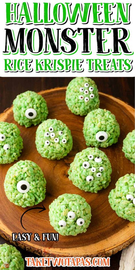 Halloween Treat Rice Krispie, Rice Krispie Treats Recipe Halloween, Broccoli Halloween Food, Halloween Food Rice Crispy Treats, Monster Cereal Treats, Rice Krispie Treat Monsters, Rice Crispy Monsters, Rice Crispy Treat Halloween, Halloween Rice Crispies Treats