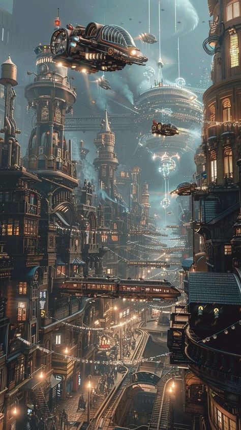 Fantasy Space City, Steampunk Futuristic City, Industrial City Aesthetic, Steampunk Fantasy World, Futuristic Steampunk Aesthetic, Steampunk City Aesthetic, Fantasy Futuristic City, Steampunk Fantasy City, Steampunk Aesthetic City