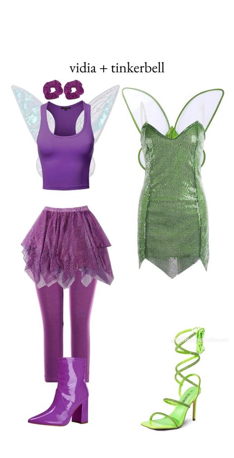 tinkerbell costume and vidia halloween or carnaval inspo. credits to @/lifestylefindsxoxo on tiktok Tinker Bell Vidia, Vidia Tinkerbell, Preppy Costume, Carnaval Inspo, Tinkerbell Halloween Costume, Girly Costumes, Tinkerbell Costume, Disney Halloween Parties, Lilly Pulitzer Outfits