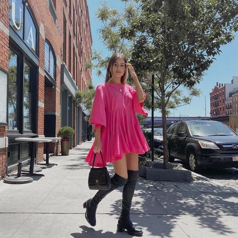 Gum Boots Outfit, Pink Dress Black Boots, Pink Person, Ashley Brooke, Bubble Gum Pink, Baby Doll Dress, Pink Outfit, Work Attire, Boots Outfit