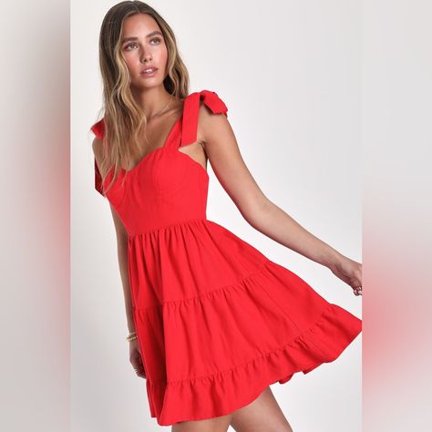 Tier-Ly Delightful Red Tie Strap Tiered Bustier Mini Dress Dress With Tie Straps, Red Dress Day, Bustier Mini Dress, Red Sundress, Recruitment Outfits, Taylor Swift Tour Outfits, Red Tie, Darling Dress, V Neck Midi Dress