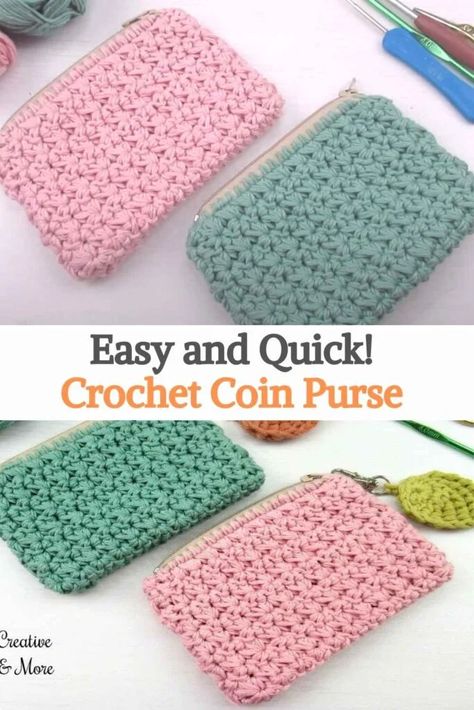 This cute purse is made with the trinity stitch, which makes it look quilted and resistant, it has a zipper at the top for comfort. The project is easy to do, and the video tutorial quickly guides us through the entire realization of it. Contrary to what many may think, you start from the zipper and continue crocheting downwards. You will also need a four-ply thread, and the zipper should be 10cm (depending on how big you want your purse to be), and a 1.5mm hook. Coin Purse Crochet Pattern, Trinity Stitch, Purse Patterns Free, Crochet Wallet, Crochet Coin Purse, Crochet Purse Pattern Free, Crochet Bag Pattern Free, Easy Crochet Stitches, Cute Purse