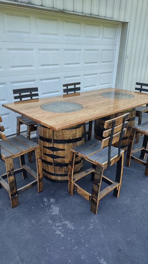 Whiskey Barrel Table, Whiskey Barrel Dining Table, Whiskey Barrel Dining Set, Bourbon Barrel Table, Bourbon Barrel Dining Set - Etsy Whisky Barrel Bar, Barrel Kitchen Table, Whisky Barrel Table, Barrel Table Diy, Barn Bar Ideas, Bourbon Barrel Table, Oak Barrel Furniture, Whiskey Barrel Bar, Whiskey Barrel Table