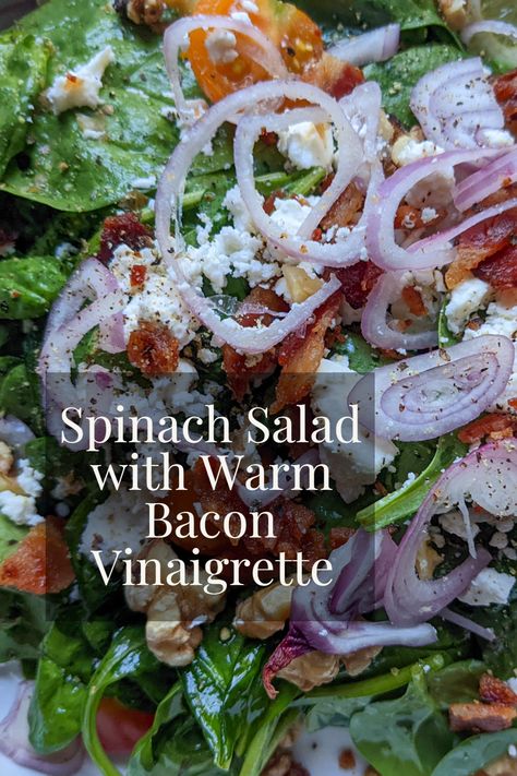 This spinach salad with warm bacon vinaigrette has it all. The warmed homemade sweet bacon vinaigrette coats every piece of fresh spinach. Then it is topped with more bacon, feta, walnuts, and shallots. It is the perfect balance of heathy and tasty. Spinach Feta Salad, Warm Bacon Vinaigrette, Fresh Spinach Recipes, Wilted Spinach Salad, Spinach Salad Dressing, Sweet Bacon, Warm Bacon Dressing, Bacon Vinaigrette, Baby Spinach Salads