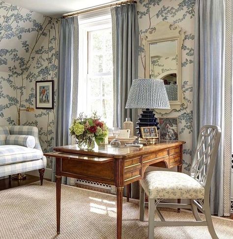 Heather Chadduck Textiles on Instagram: "A beautiful room designed by @susan_farcy_interior_design ! We 💙 seeing #GINGER in bluebird on your desk chair! @asidnj #heatherchadducktextiles" Heather Chadduck, English Country House Style, Beautiful Room Designs, House Restoration, Cottage Style Homes, English Design, English Country House, Country Style Homes, Dream Decor