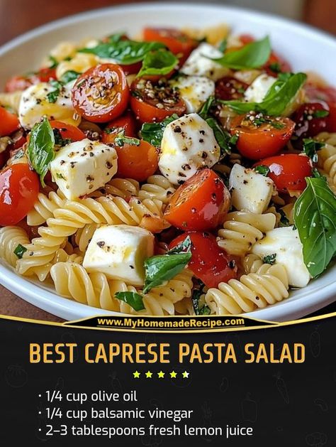 Daily Easy Recipes | Best Caprese Pasta Salad | Facebook Pasta Salad With Olive Oil Dressing, Best Caprese Pasta Salad, Caprese Salad Pasta, Caprese Salad Dressing, Caprese Pasta Salad Recipes, Pasta Salad Ingredients, Caprese Pasta Salad, Caprese Pasta, House Salad