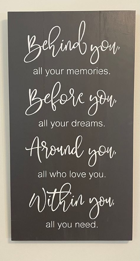 "Behind you all your memories..  this inspirational sign is shown with a dark grey background with white  lettering measuring approximately 24\"x12 1/2\".   Looking for a different color?! Send us a message!  Our signs are intended for indoor use and come sealed with a saw tooth hanger attached for easy display." Dark Grey Background, Saw Tooth, Inspirational Signs, Pallet Signs, Grey Background, Wood Sign, Wood Signs, Chalkboard Quote Art, Different Colors