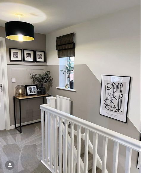 Home Interior Design Living Room Small Spaces Stairs, Small Hallway Decorating Wall, Decor For Landing At Top Of Stairs, Ideas For Top Of Stairs Landing, Grey Hall Stairs And Landing, Staircase Grey And White, Hallway Ideas Grey And White, Hallway Stairs And Landing Decor Ideas, Top Of Stairs Wall Ideas